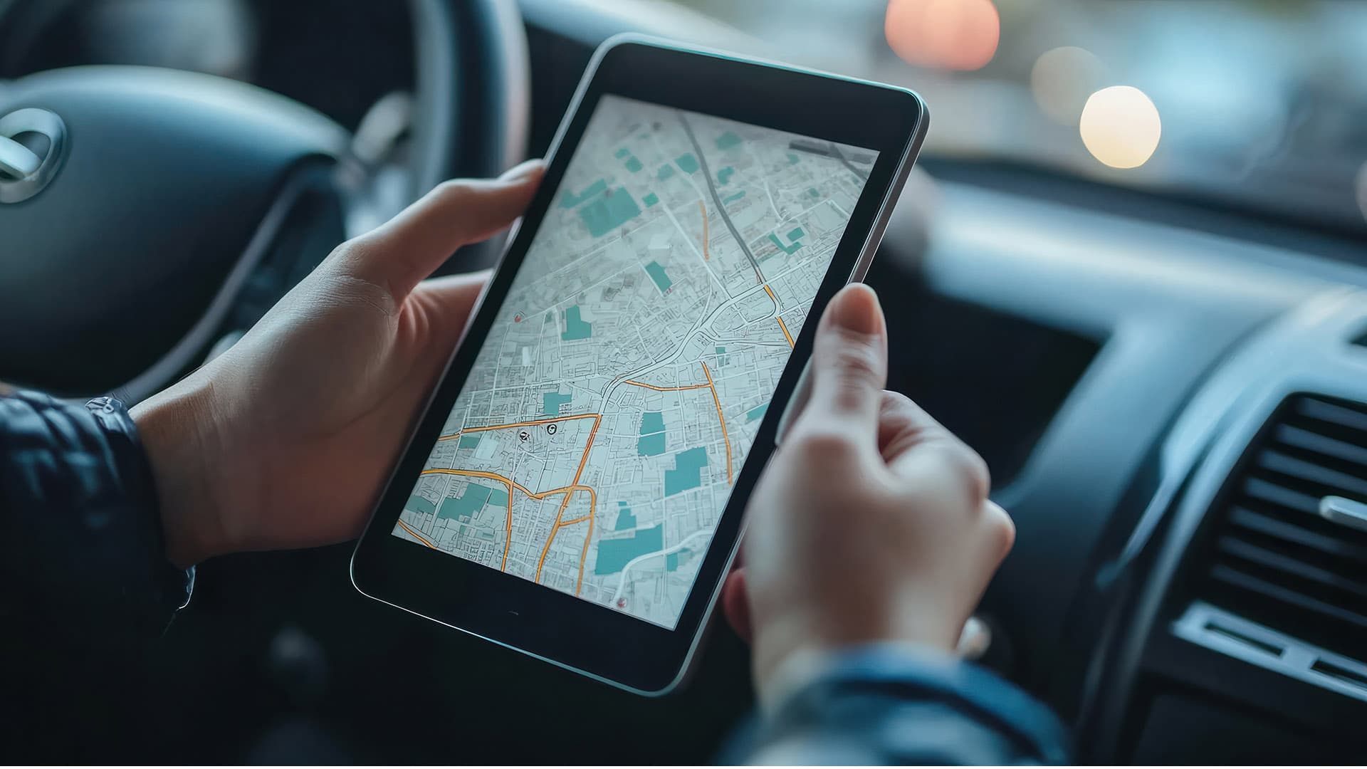 Tab with GPS navigation over a car dashboard, showing route optimization Tab with GPS navigation over a car dashboard, showing route optimization