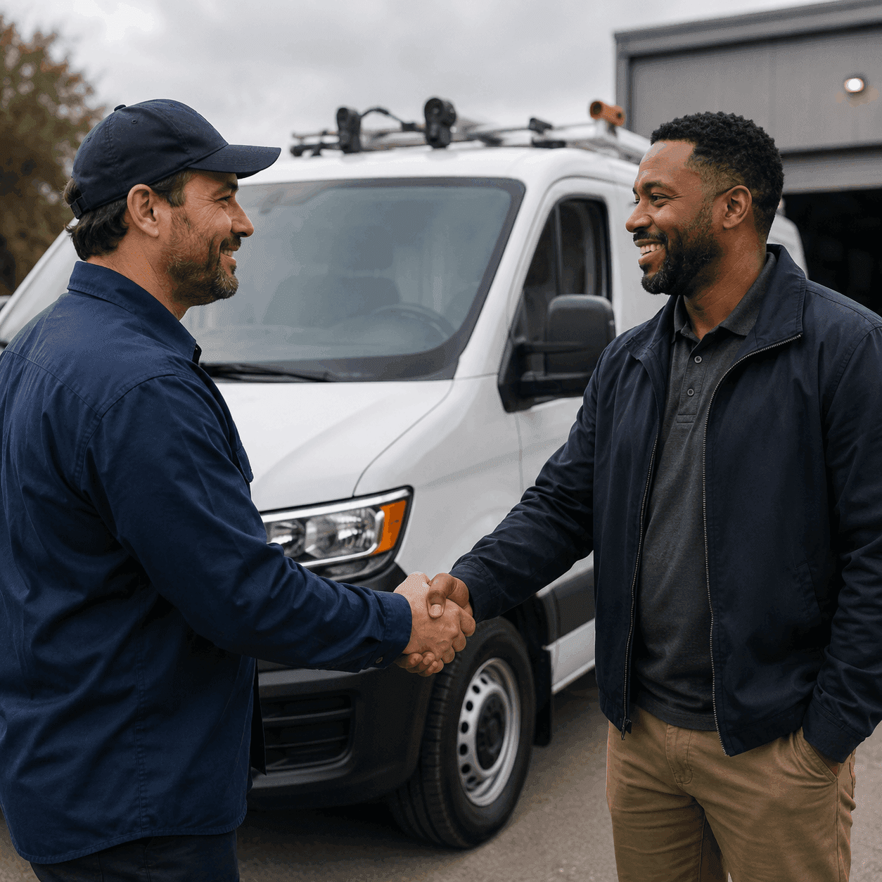 Two men shaking hands in front of white work van Two men shaking hands in front of white work van