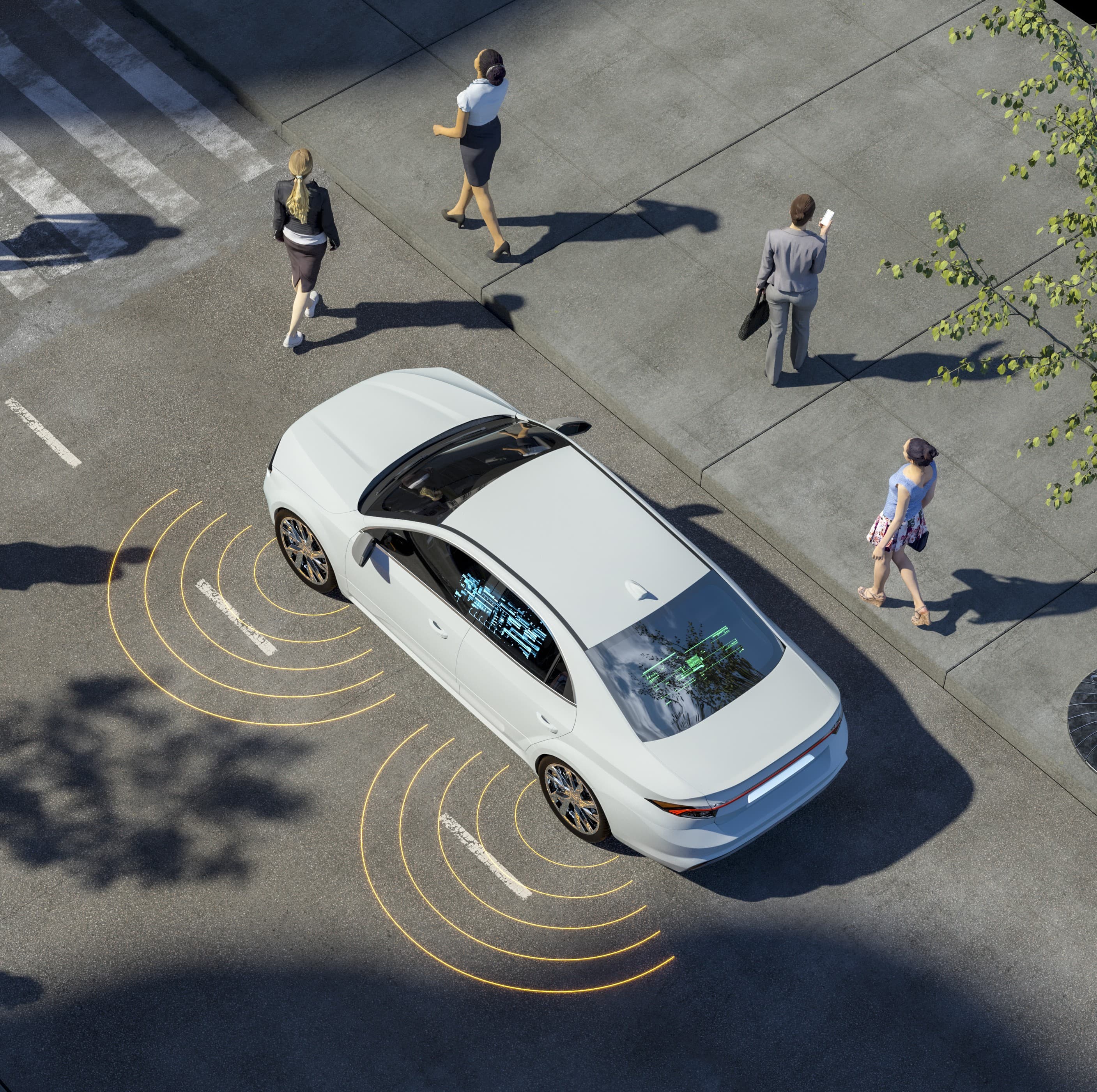 Autonomous vehicle using advanced fleet technology sensors to detect pedestrians at a city crosswalk, illustrating AI-powered safety and connectivity in modern fleet management. Autonomous vehicle using advanced fleet technology sensors to detect pedestrians at a city crosswalk, illustrating AI-powered safety and connectivity in modern fleet management.
