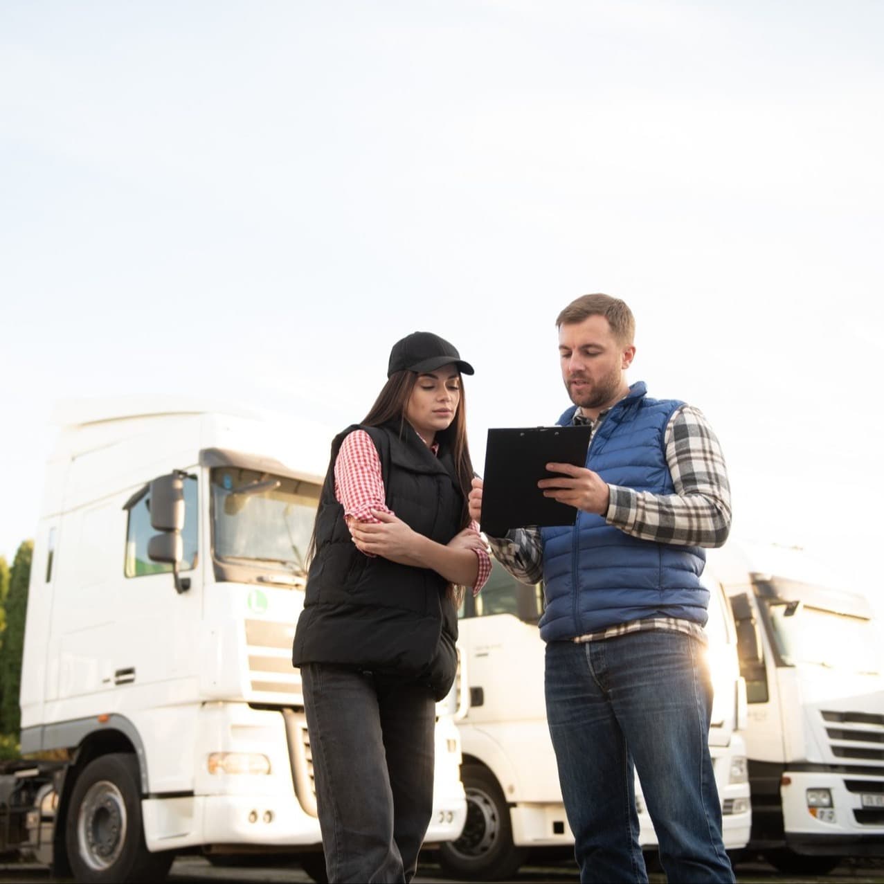 Fleet professionals reviewing a clipboard beside trucks at a fleet depot. Fleet professionals reviewing a clipboard beside trucks at a fleet depot.