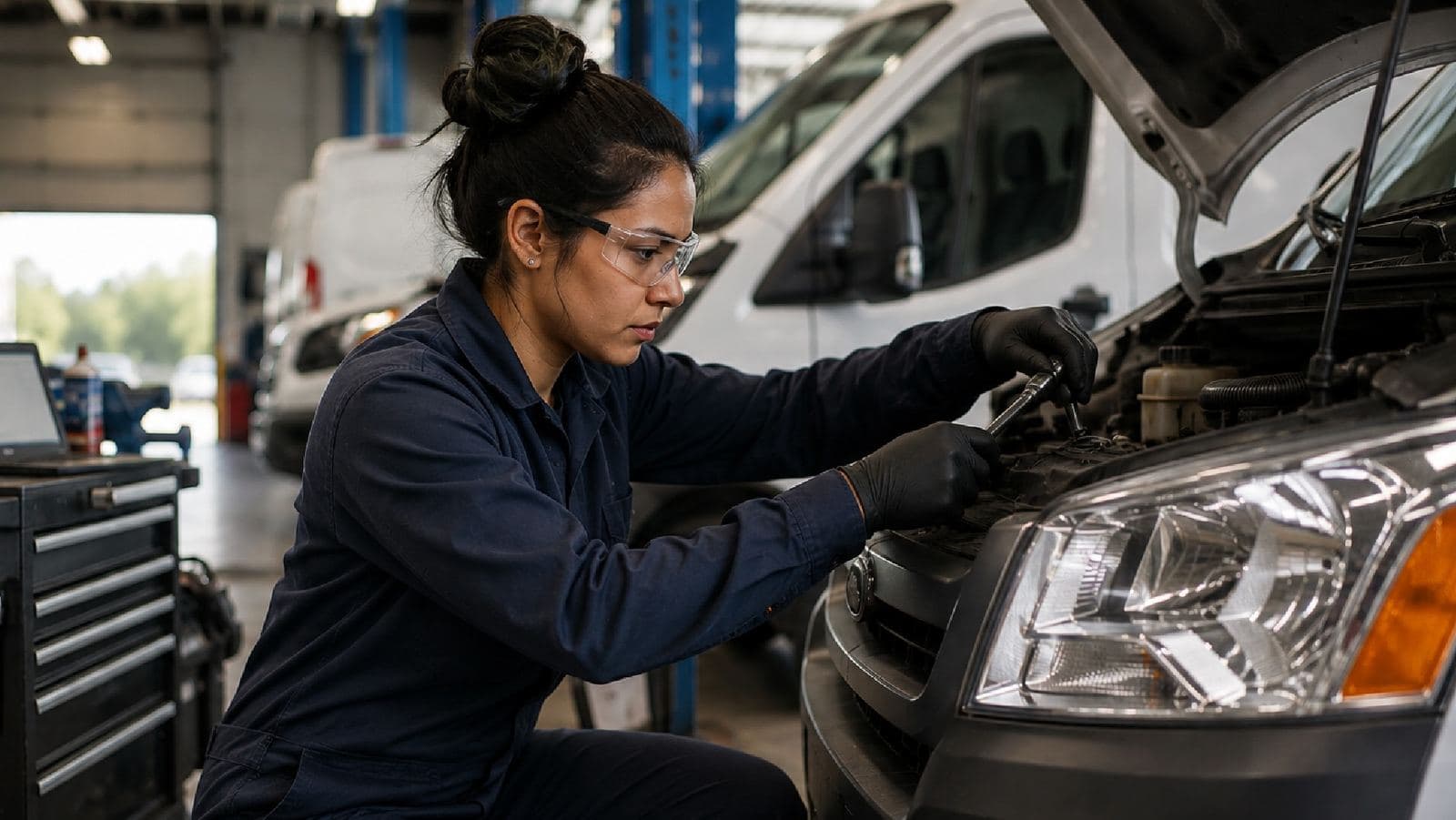 woman-mechanic-servicing-white-van woman-mechanic-servicing-white-van